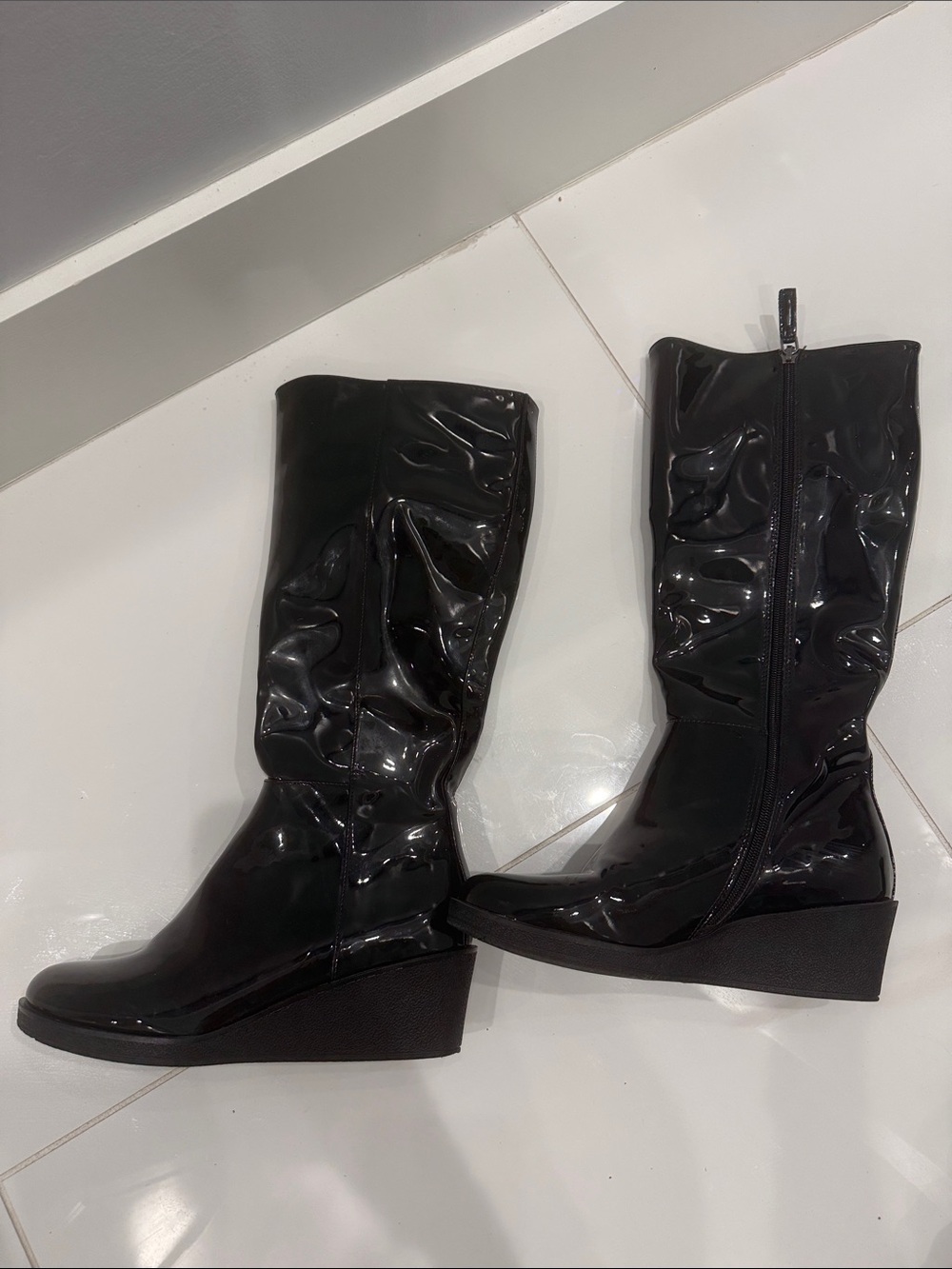 A2 By Aerosoles Black Patent Wedge Mid-Calf Boots